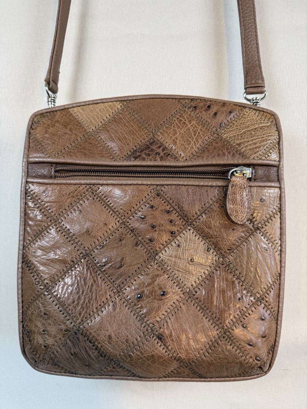 Vintage Patchwork Ostrich Leather Crossbody Purse Brown Multi Compartment Bag